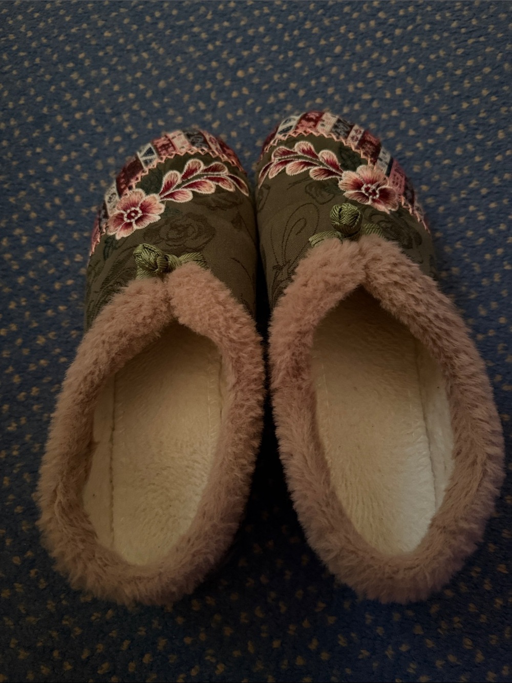 Embroidered Olive Green Cozy Slippers with Pink Trim